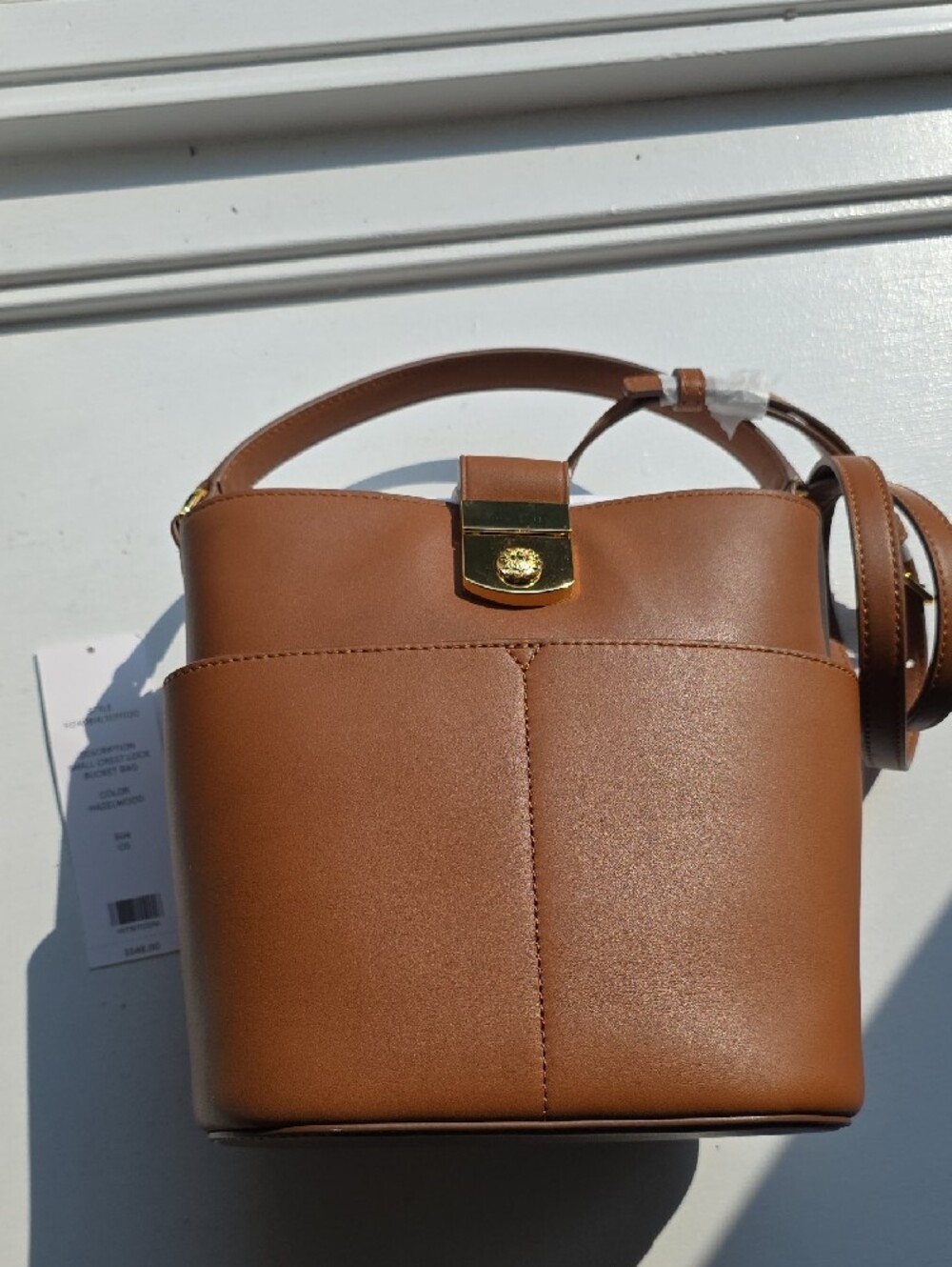 NWT Veronica Beard Small Crest Lock Bucket Bag Hazelwood Tan Leather Crossbody - Picture 6 of 10